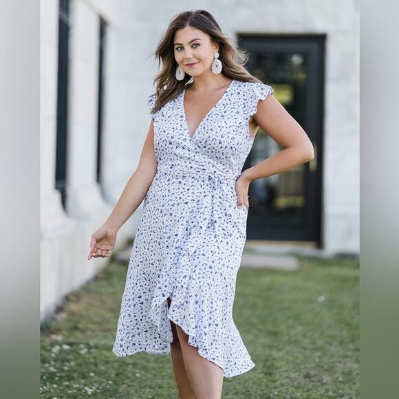 caralynmirand Dresses & Skirts - Blue Floral Wrap Midi Dress Ruffle Sleeve Cottagecore Coastal Brunch
